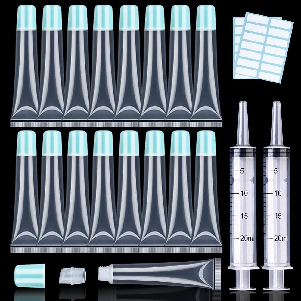 - AMORIX 50PCS Lip Gloss Tubes 20ml Blue Cap Lip Gloss Containers Empty Lip Balm Tubes Squeeze Lipgloss Tubes + 2 x 20ml Syringes Tag Labels for DIY Lip Gloss Base Glitter