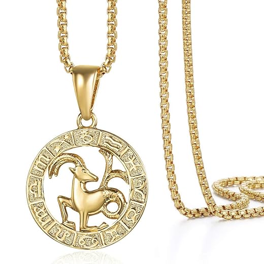 Gold Plated Zodiac Sign Pendant Necklace for Women Men Leo AriesConstellation Horoscope Pendant Stainless Steel Box Link Chain 22inch