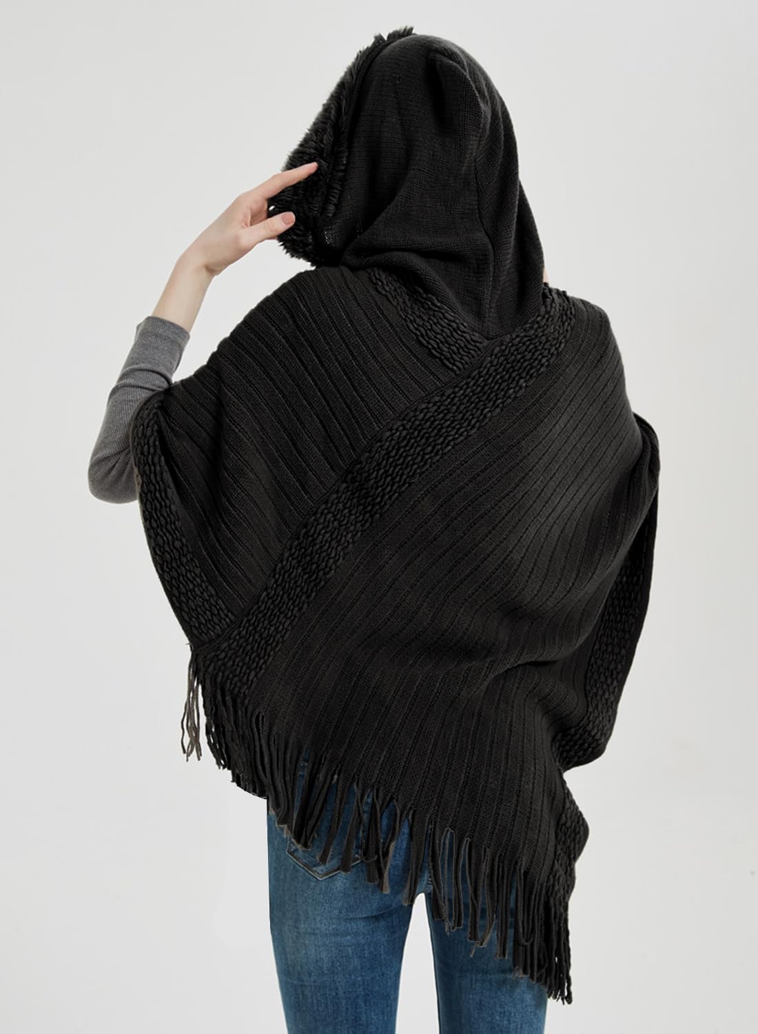 JFAN Poncho Mujer Invierno Otoño Poncho y Capa Punto para Mujer Pompón Gorro Poncho de Punto Flecos Felpa con Capucha