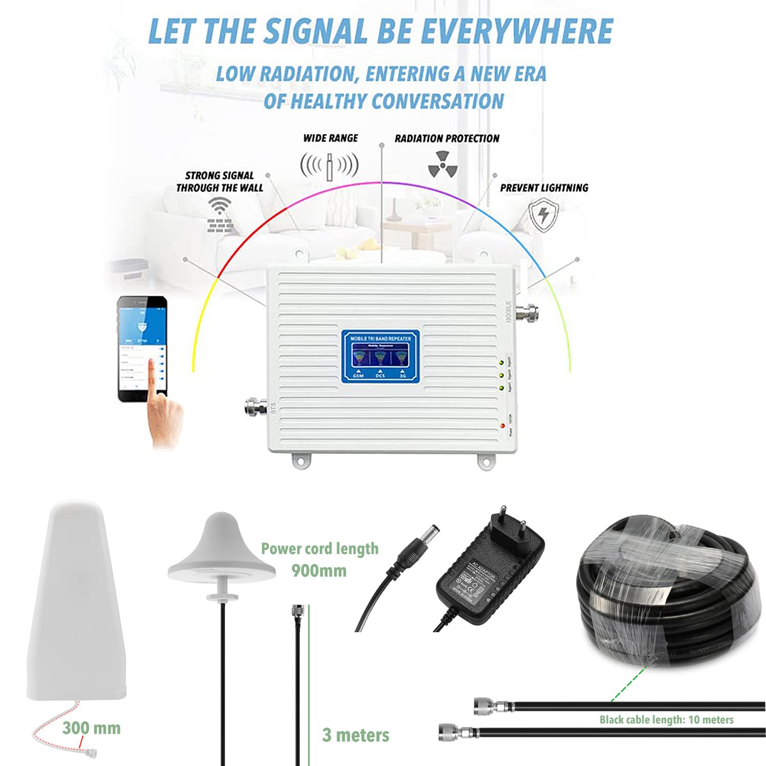 Hancaner Amplificador de Cobertura Móvil gsm 4G 3G 2G Amplificador Señal para Teléfono Móvil Tri-Banda Repetidor de Señal para Zonas Rurales de Mala Cobertura