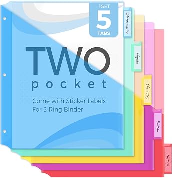 SKYDUE Binder Dividers with Two Pockets, 1Set, 5 Tabs Dividers for 3 Ring Binder, Plastic Binder Dividers with Tabs for School, Office, and Home Organization,Blue