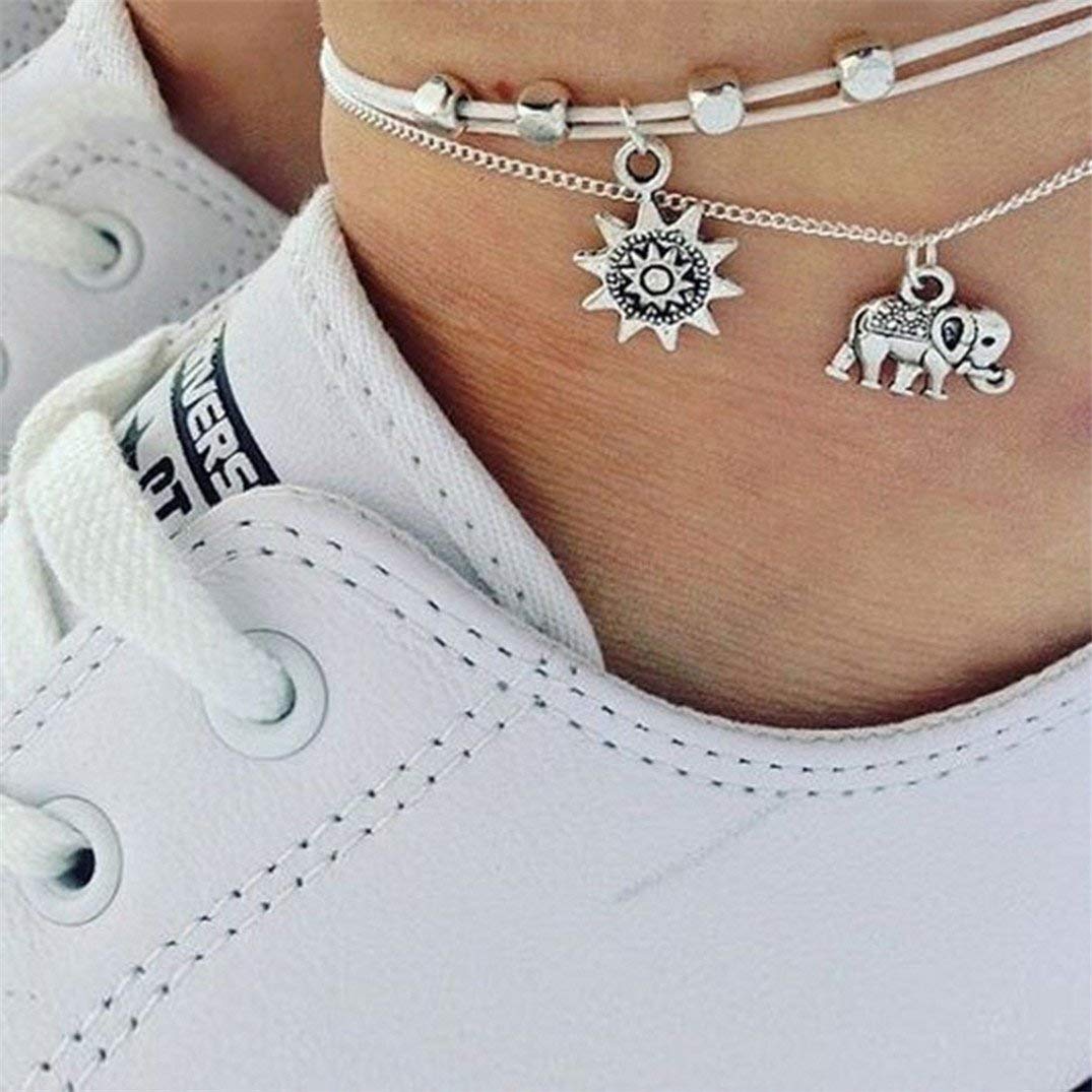 Bracciale alla Caviglia Canno Multistrato alla Caviglia con Un Ciondolo Solare Elefante per Donne Gioielli Estivi Summer Catena Spiaggia Caravana Eccellente e Popolare Durevole
