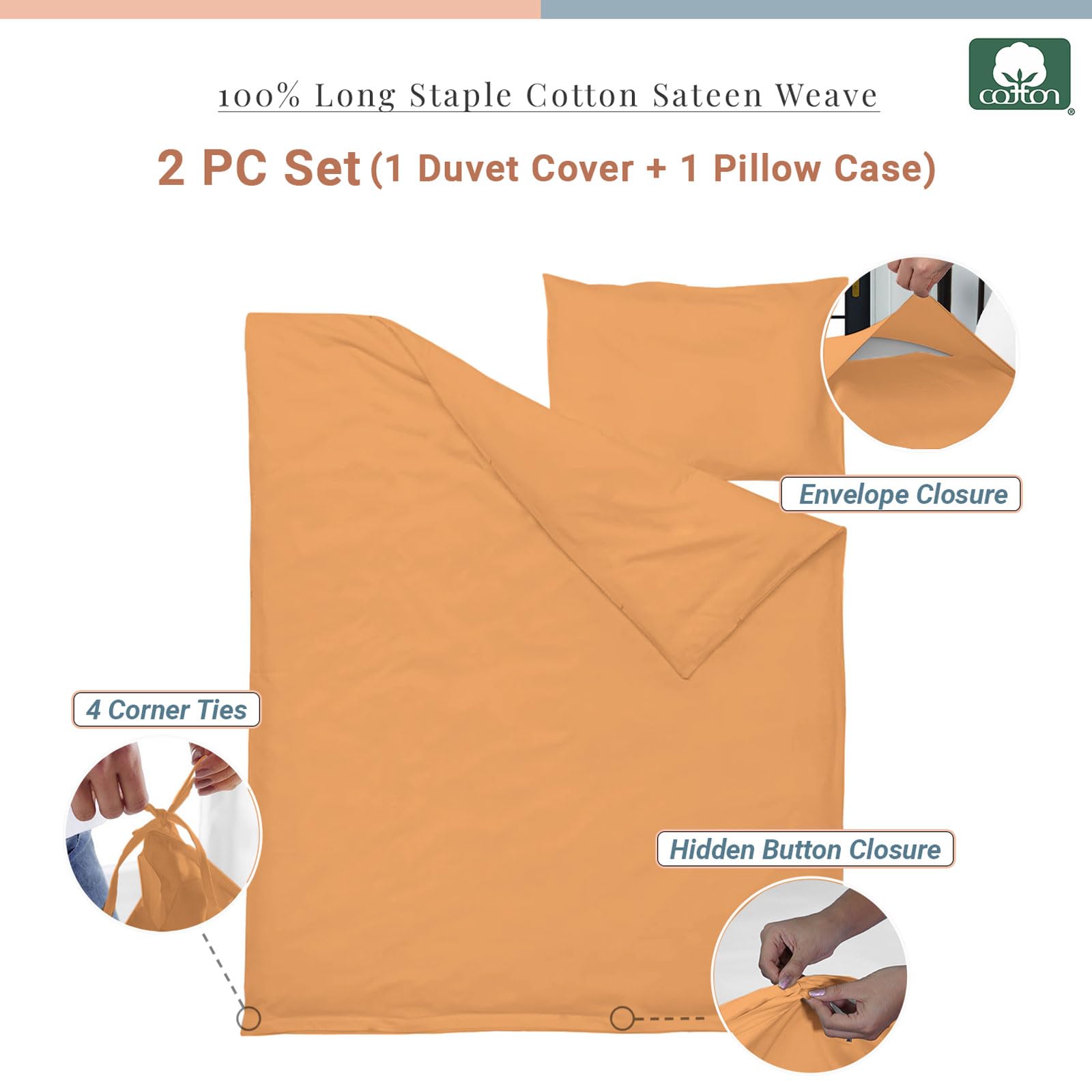 Pizuna Baby Duvet Cover For Crib 100 x 135 cm, Apricot Orange, 400 Thread Count 100% Long Staple Cotton Bedding Set - Image 3