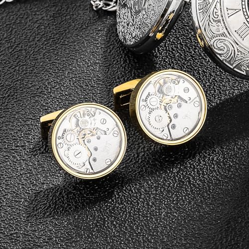 Mancuernillas con movimiento de reloj para hombre con caja de regalo miniatura 3
