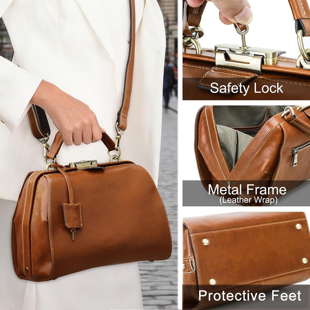 CONTACTS Full Grain Leather Doctor Bag Purse for Women Vintage Handbag Top Handle Bag with Key Lock