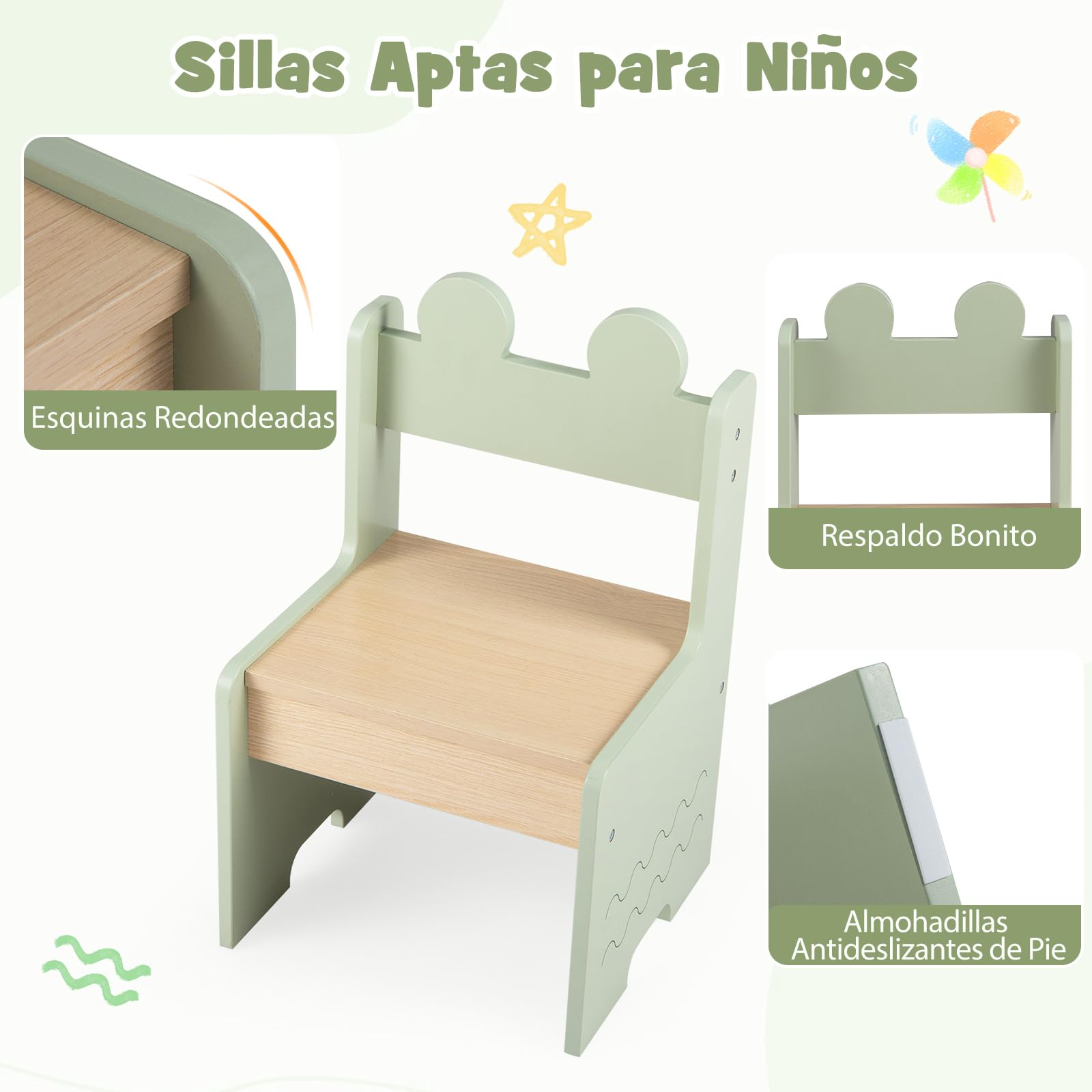 COSTWAY Table Enfant avec 2 Chaises en Bois, Bureau pour Dessiner Jouer, Charge 20/30kg, 3 Ans+