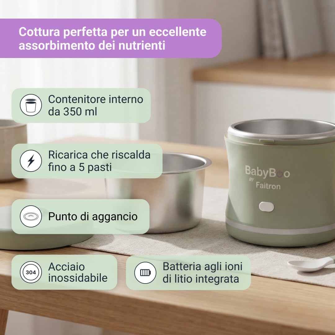 BabyBoo Scaldapappe Portatile – Scaldabiberon e Pappa con Batteria, Controllo App, Riscaldamento Rapido 70W, Anello LED, fino a 45°C, Vaschetta Rimovibile, USB-C – Casa e Viaggio