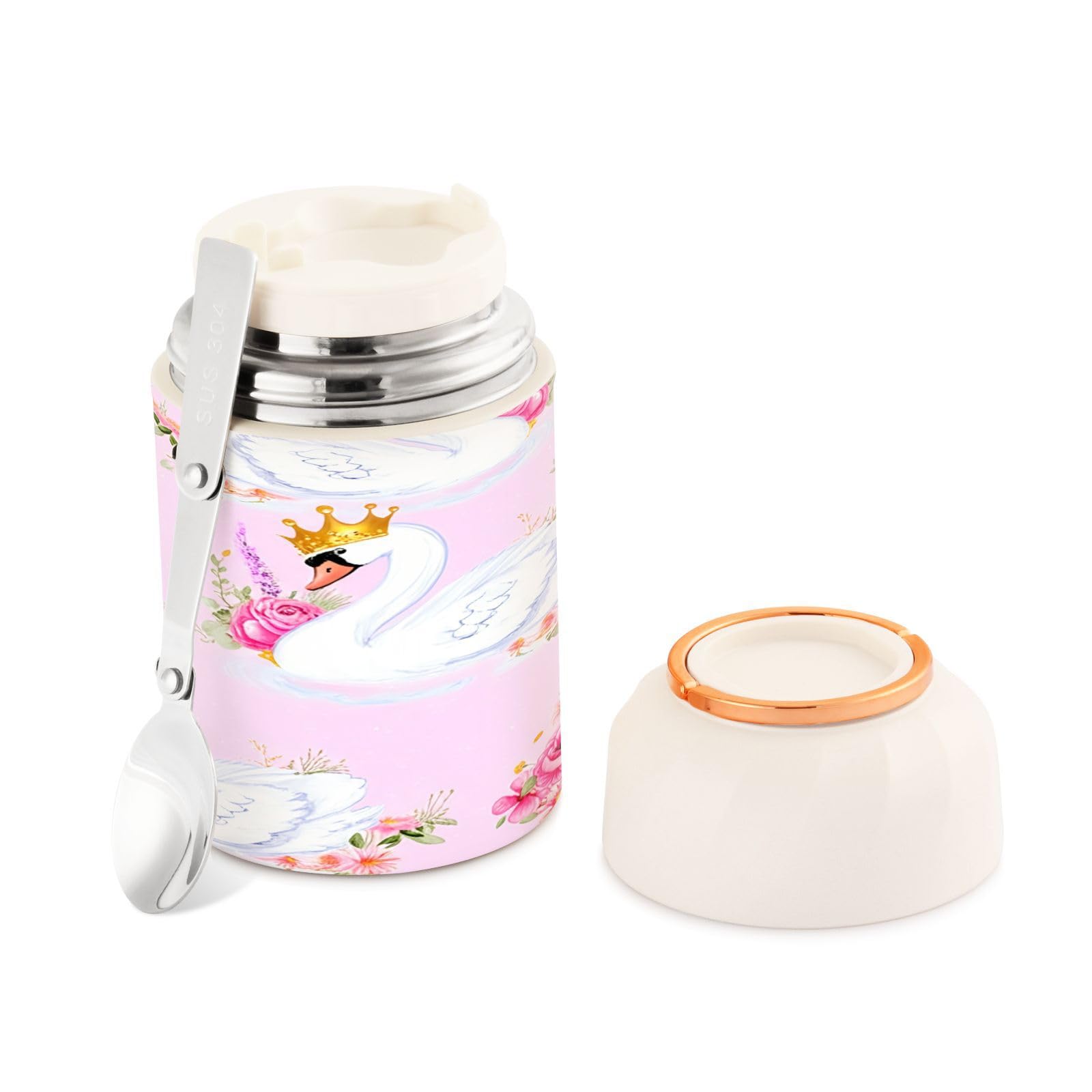 Olvida la comida fría con el tarro térmico de acero inoxidable Cute Swans de 500 ml