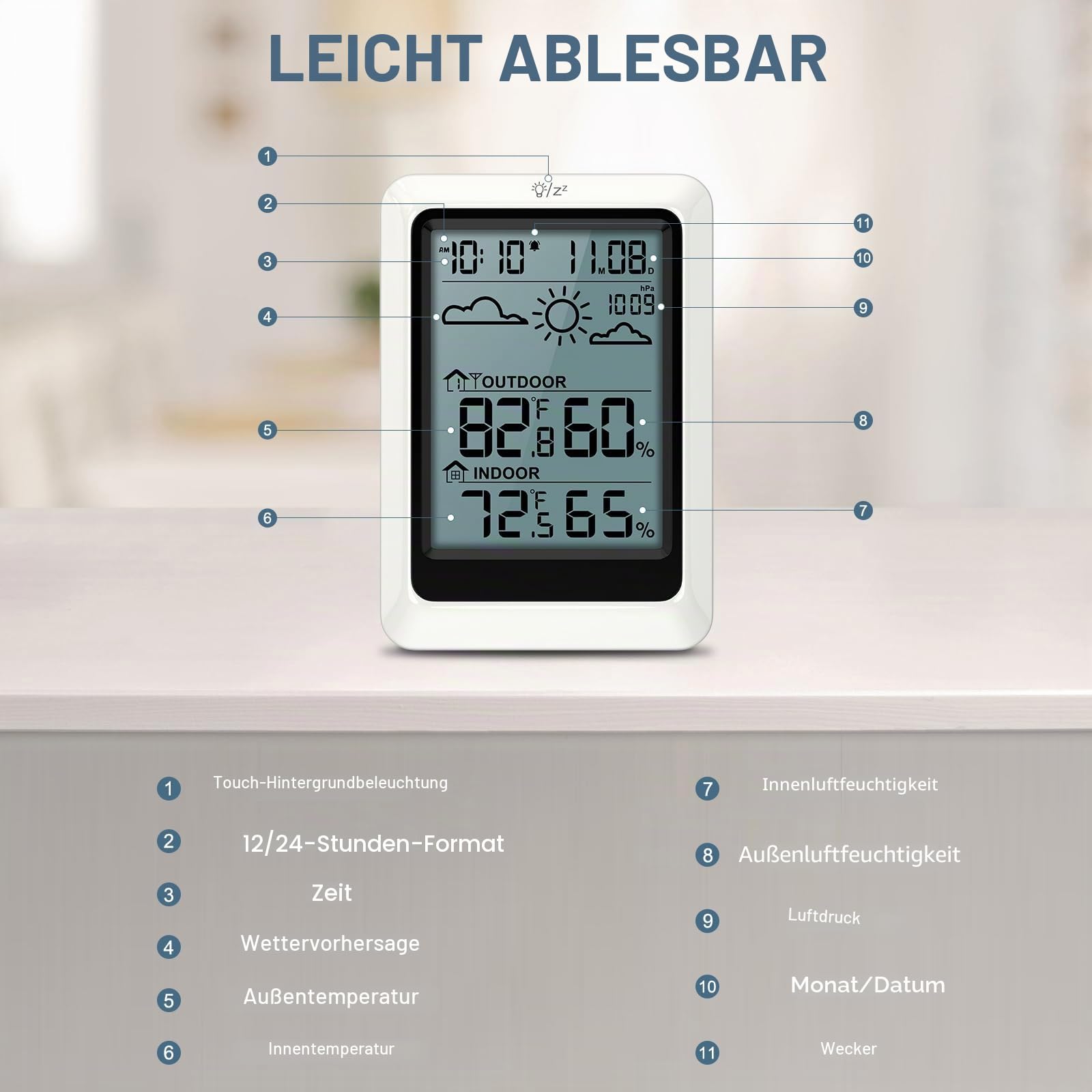 Wetterstation Funk mit Außensensor, Funkthermometer mit Wecker, Außen Innen Thermometer Hygrometer Raumthermometer Funk,Digital Raumthermometer