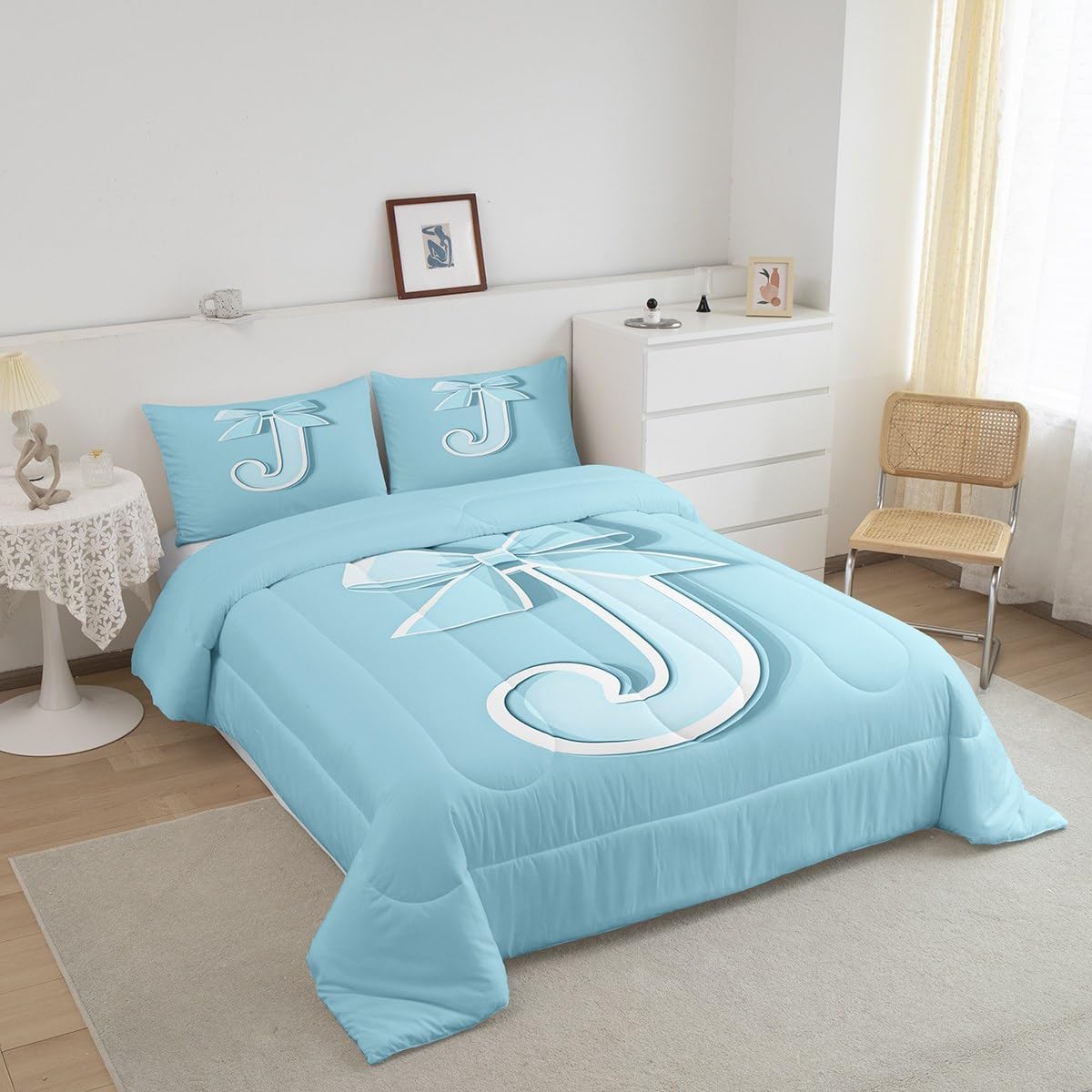 jejeloiu Kids Girls Blue Bow Comforter Set Queen Size Monogrammed Bedding Set Ultra Soft Personalized Initial J Duvet Quilt Modern Fashion Duvet Set Room Decor Bowknot Quilt Set
