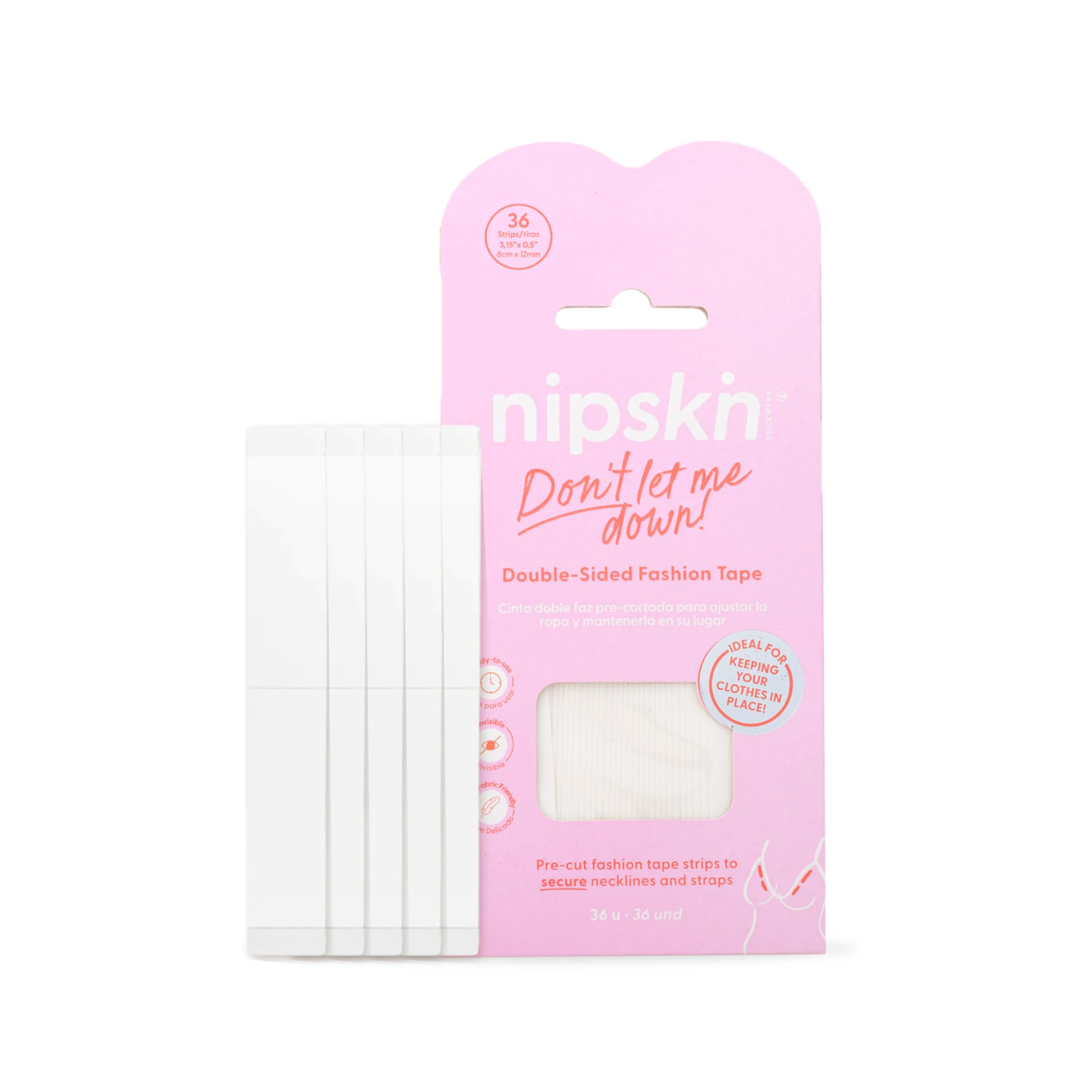 NIPSKIN Cinta de moda – Cinta de doble cara para cuerpo y ropa para un ajuste permanente, agradable al tacto, sujeción invisible para escotes profundos, aspecto sin tirantes, color blanco
