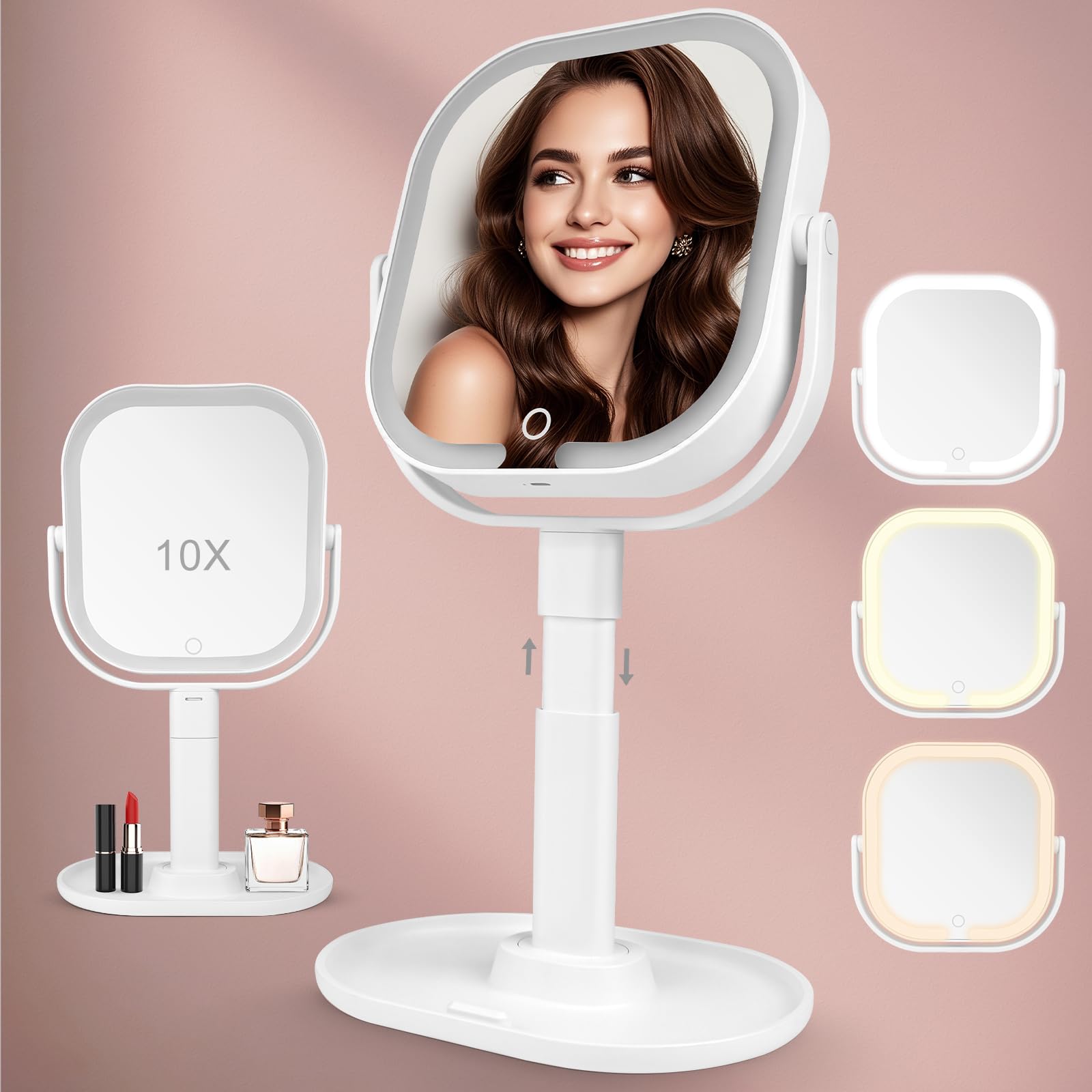 Miroir Grossissant Lumineux 10X/1X Double Face Rechargeable 3 Couleurs Rotation 360°