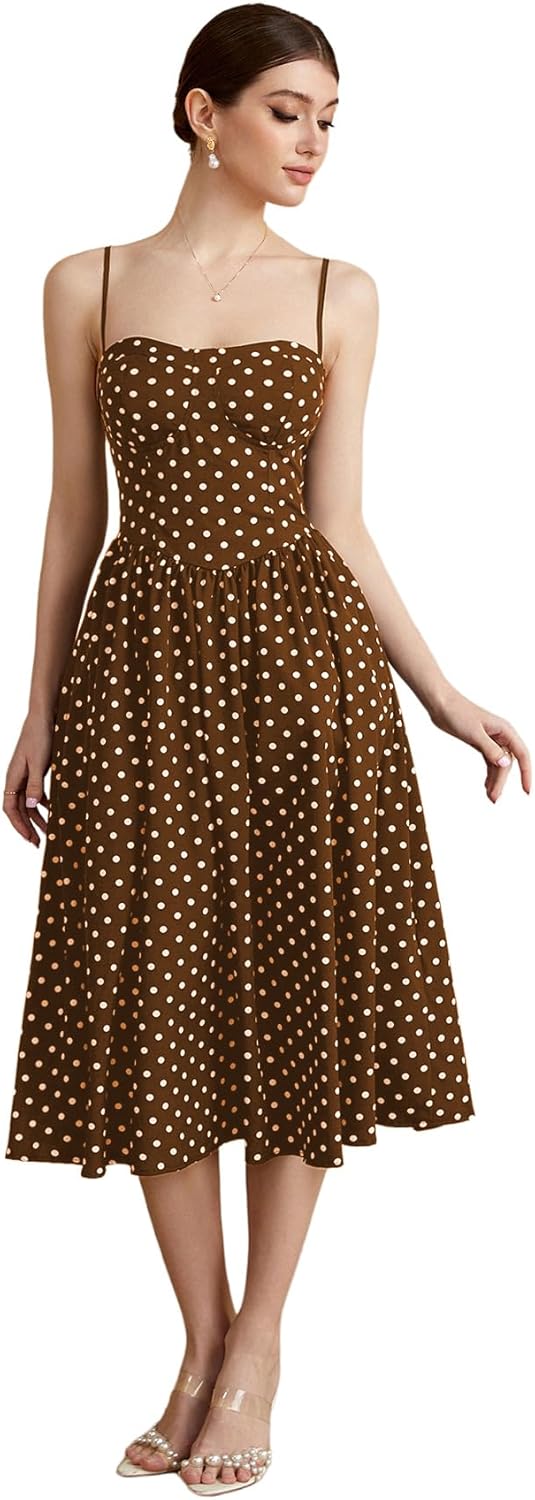 Women's Polka Dots Flared A Line Dress Spaghetti Strap Flowy Midi Vintage Party Dresses