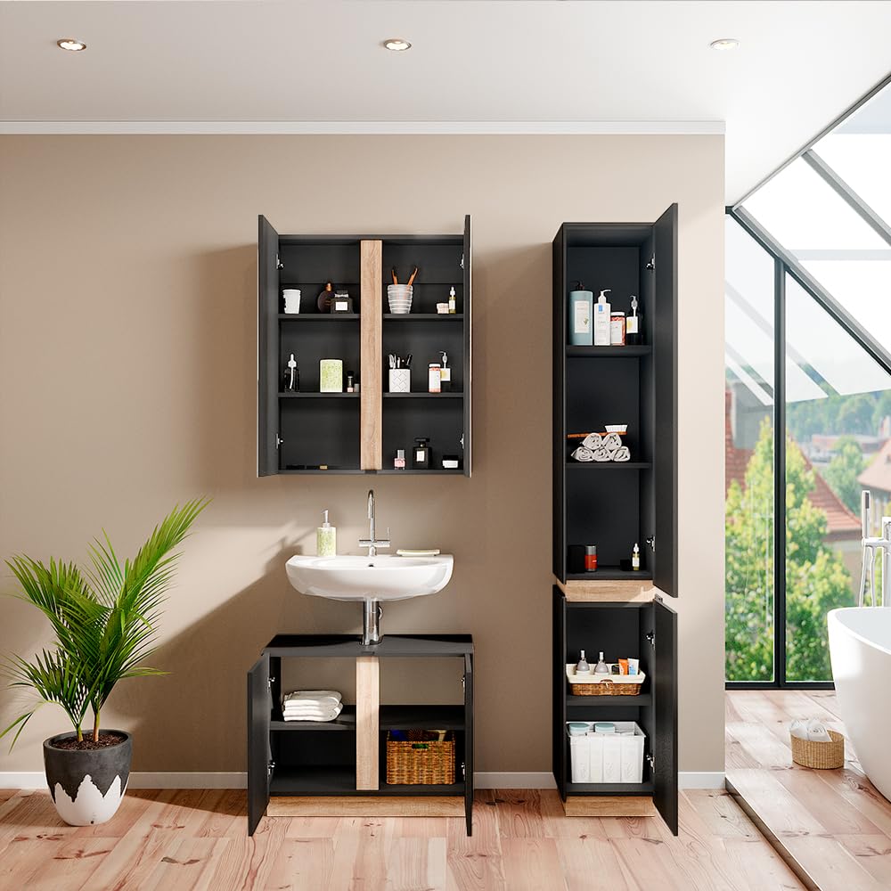 Vicco Badmöbel-Set Gloria, Anthrazit, 70 cm, besteht aus Waschbeckenunterschrank, Spiegelschrank und Hochschrank