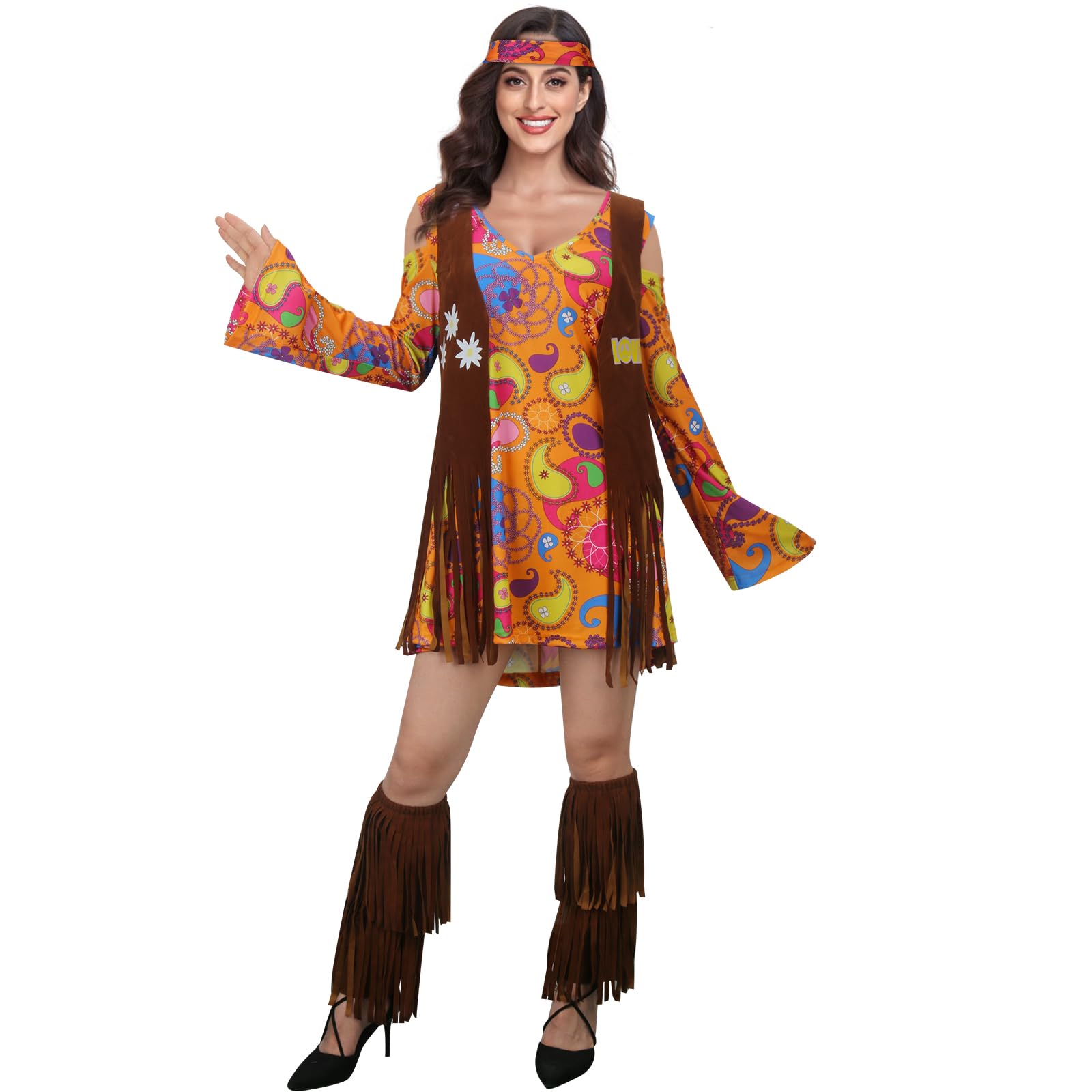 SOLOTIMES Women 60s 70s Hippie Costume Dress Fringe Vest Boot Covers Headband Outfit Adult Disco Hippy Halloween Cosplay