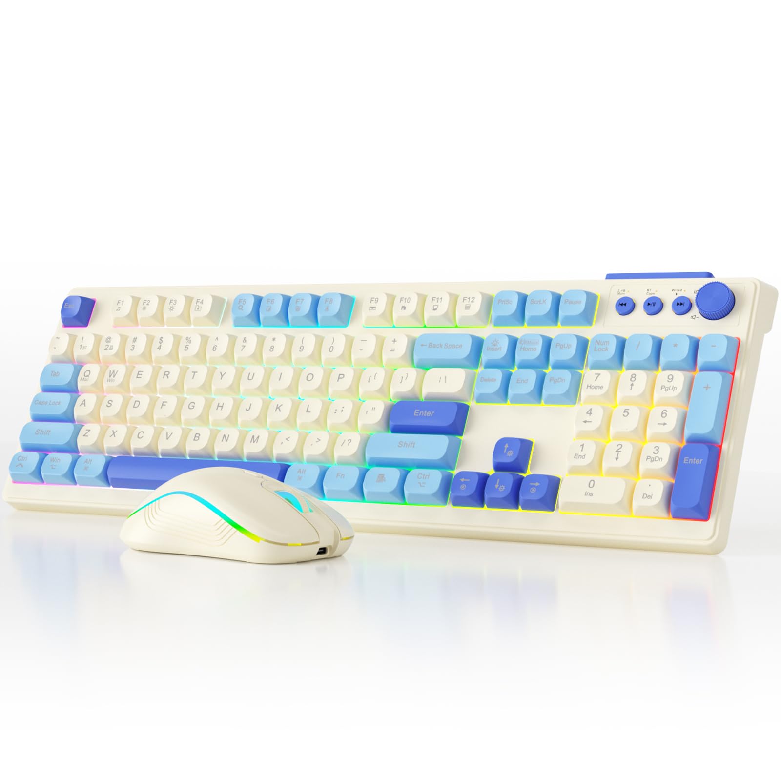 XISOGUU Combo de teclado y mouse inalámbricos Bluetooth, batería recargable de 2000 mAh, retroiluminación RGB, teclado antighosting con sensación mecánica + ratones 6D 4800DPI para PC