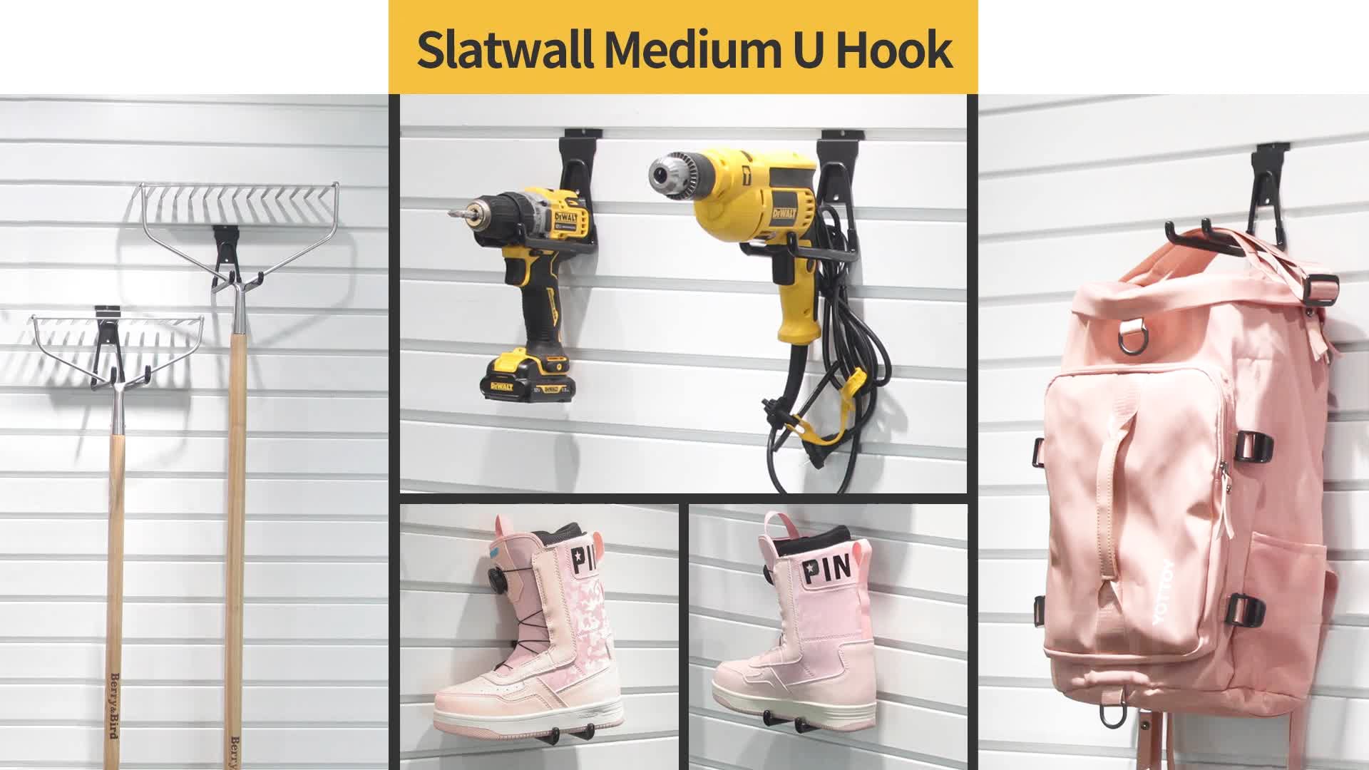 Akcesoria Slatwall, czarne haczyki Slatwall, haczyki garażowe do Slatwall, 6-pak średnich haczyków U