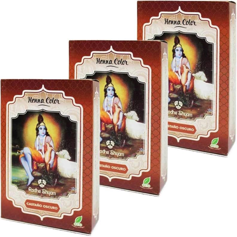 Pack 3x Henna Castaño Oscuro en Polvo 100g | Rhade Shyam | Coloración Capilar Vegetal | 100% Natural y Vegana | Sin Amoniaco ni PPD