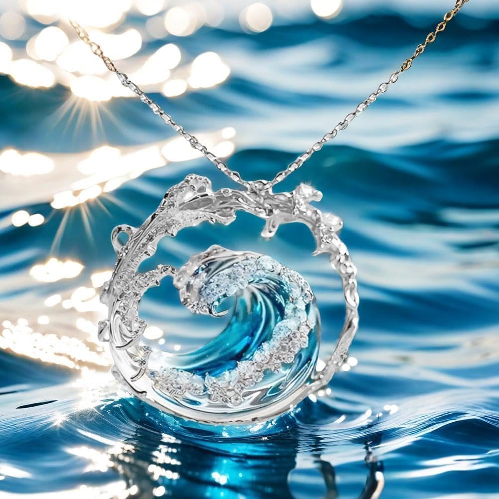 Naszyjnik z przysięgą oceanu, naszyjnik z wisiorkiem w kształcie fali, elegancki niebieski fala plażowa inspirujący wisiorek, regulowany naszyjnik z falą oceaniczną / pierścionek / kolczyk