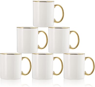 Fasmov 6 Pack Coffee Mugs, 11oz Ceramic Mug set Ceramic Cups for Coffee, latte, Cappuccino, Tea, Cocoa, Cereal, Hot Chocolate, Dishwasher Safe, White/Gold
