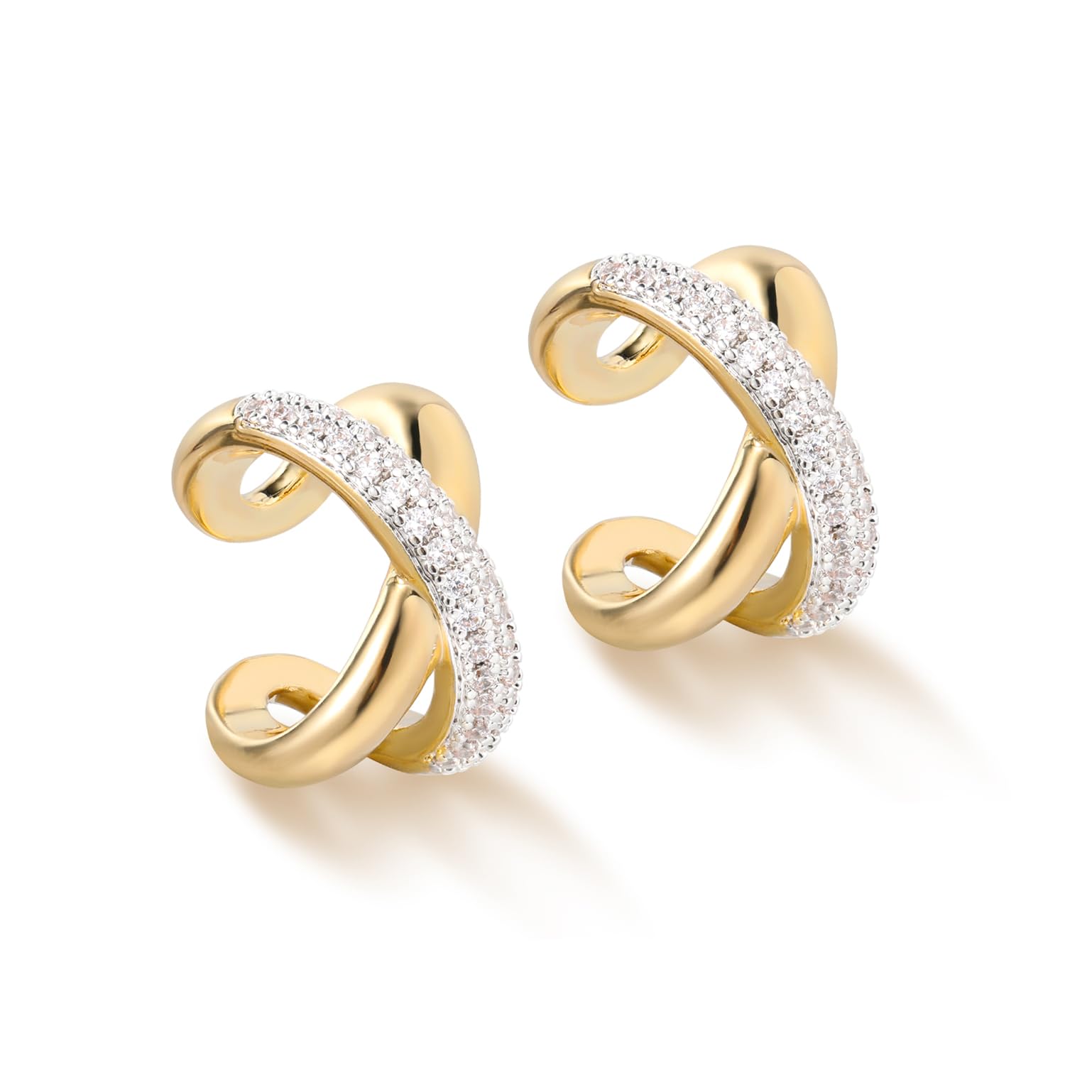 MYEARSWomen Ear Cuff Earrings Gold Non Pierced Cartilage Clip on Open Wrap X Hoop 14K Gold Plated Simple Hypoallergenic Everyday Jewelry