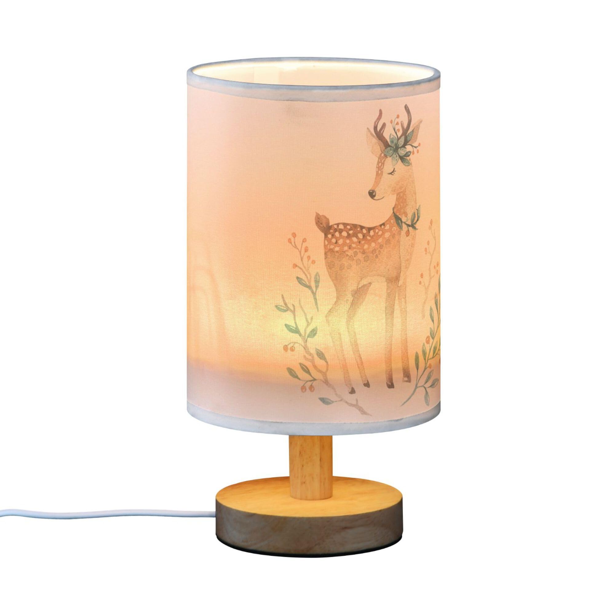 YYZZH Table Lamp Cute Baby Deer Animal in Floral Nightstand Lamp with Wood Base Fabric Lamp Shade Bedside Desk Lamp for Living Room Bedroom Kids Room Office