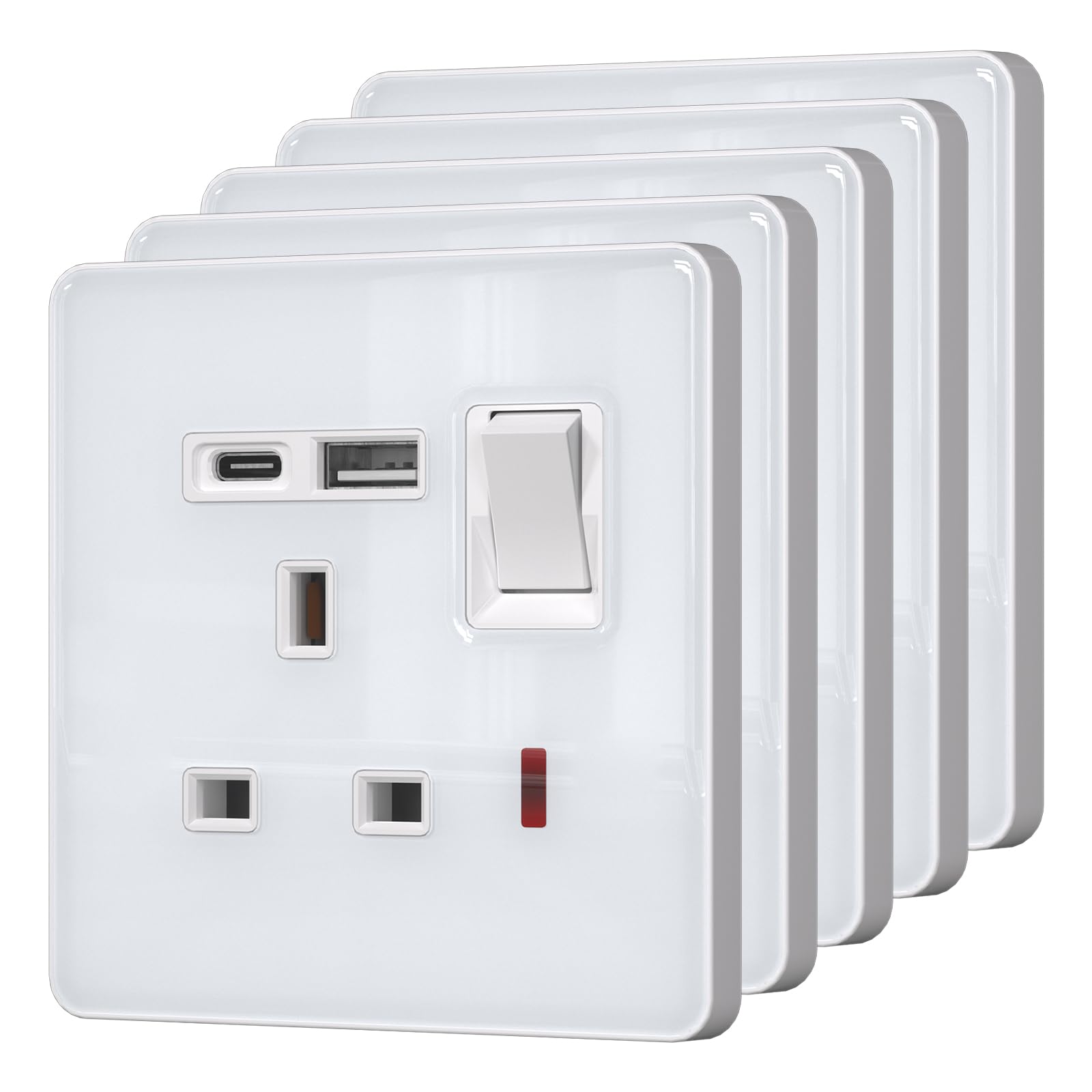 BSEED Plug Socket with 20 W USB-C Fast Charging,Switched Wall Plug,Indicator Light,Glass Panel,UK Standard Electric Power,1 Gang-5 Pack,86mm White โ image 1