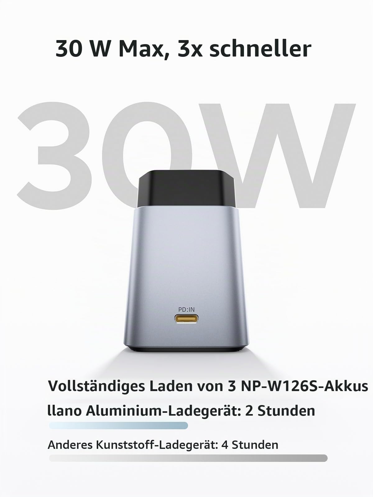 llano NP-W126 NP-W126S Akku-Schnellladegerät, 30W 3-Slot, CNC-Alu | Für Fujifilm X100VI X100V XT30III XM5 XT30 X100F XT50 XT3 XT2 XE5 XA7 X-PRO3 XT10 XT20 XT200, LED-Anzeige