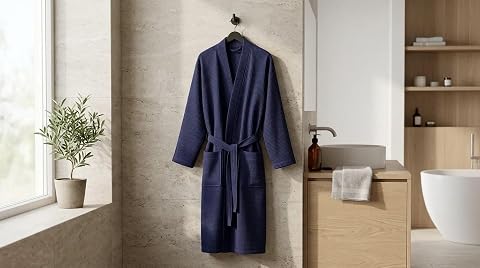 KOBEHOME%100 Pamuk Waffle Desenli Lacivert Bornoz 3XL