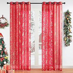 Visillos Navideños Topfinel Cortinas de Navidad Salon 2 Piezas para Ventana Visillos 140x225 Cortina Translucida para La Habitacion De Matriomonio Visillo De Dormitorios Y Comedor Decoracion De La Navidad Rojo