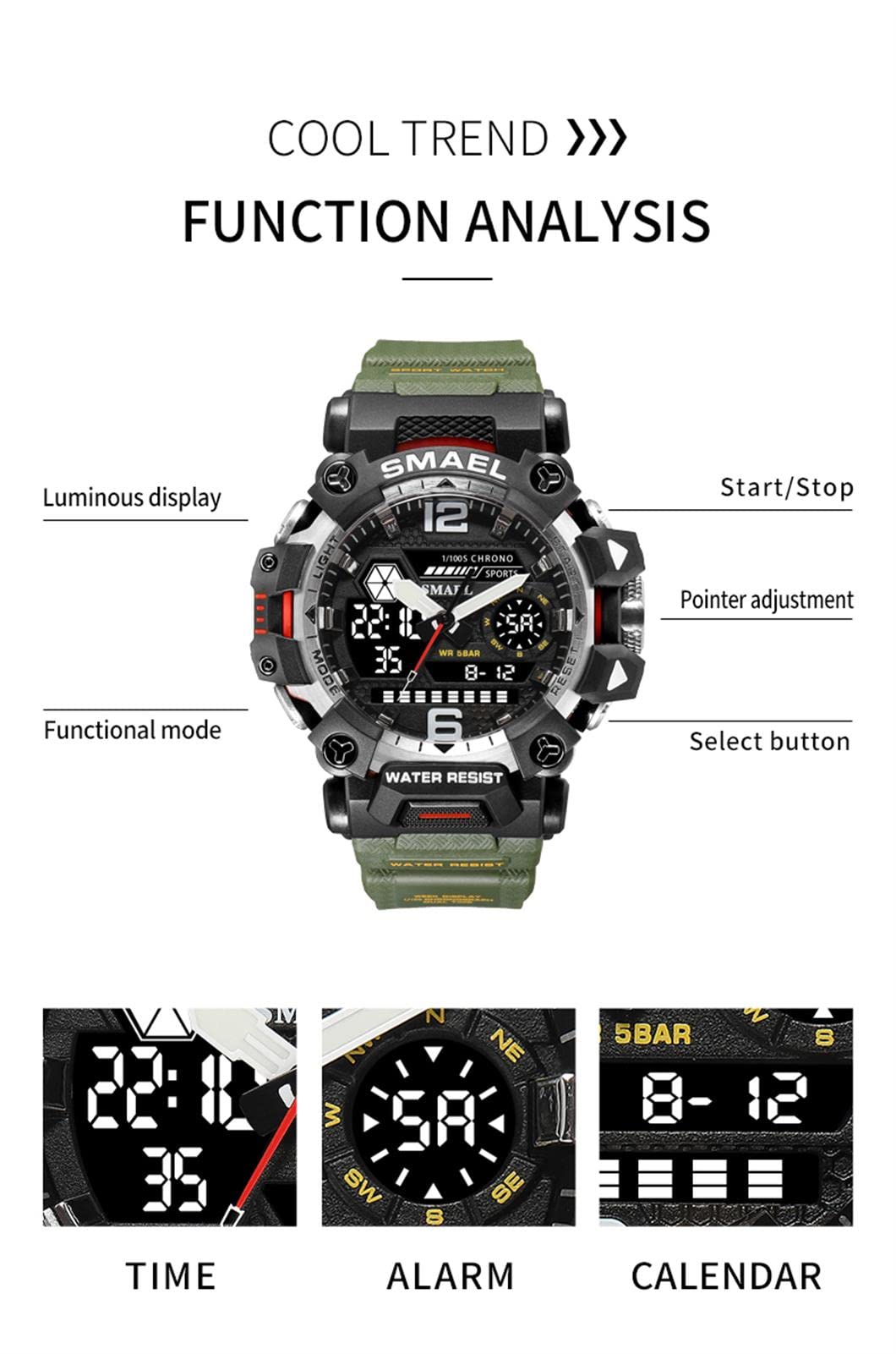 Montre Homme Numérique Analogique Sport Grand Visage Montres Homme Militaire Chronomètre 50M Etanche Multifonctionnel Montre