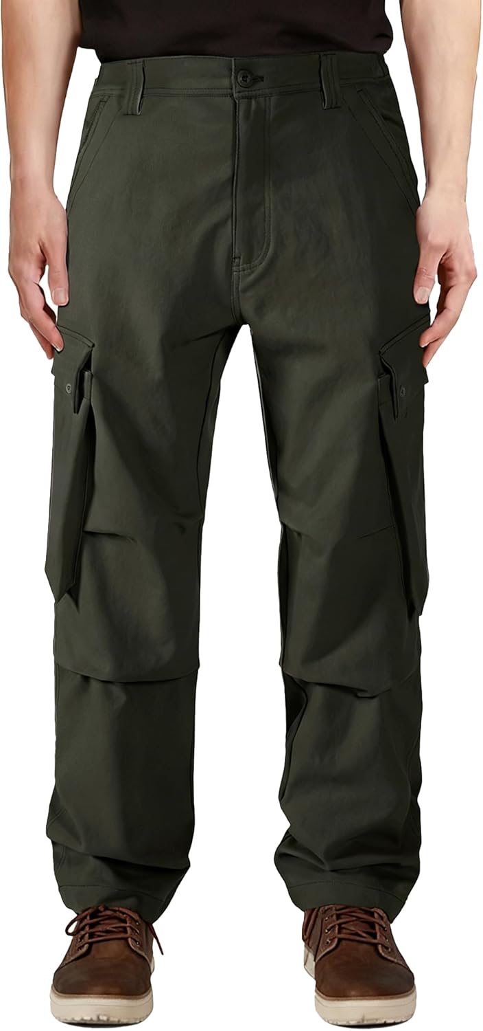 Plaid&Plain Men's Baggy Cargo Pants Loose Straight Fit with Elastic Waistband and Multi-Pockets