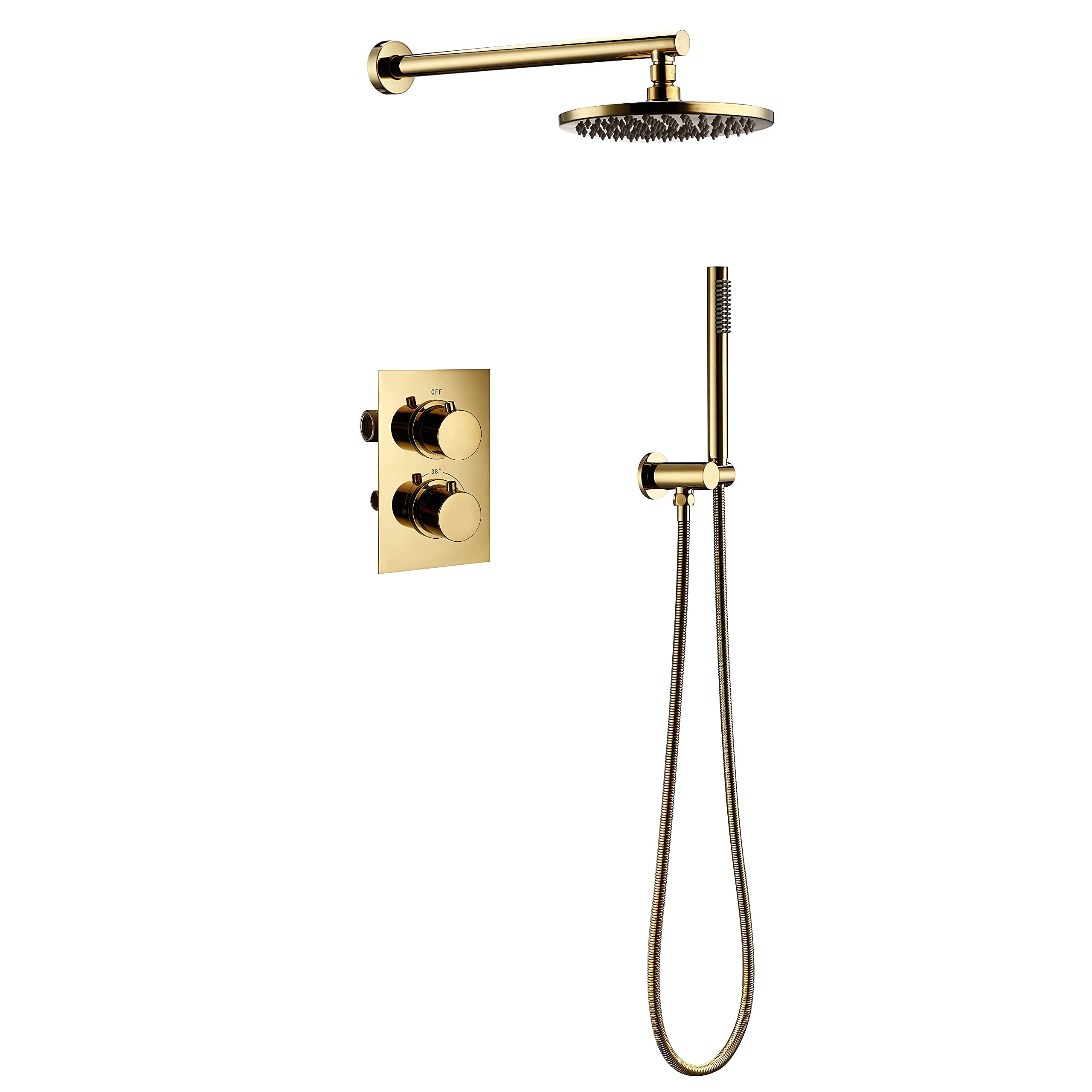 CWCQGH Shower System Thermostatic Set, Modern Brass Gold Shower Faucet System Mixer Set Concealed Faucet Mixing Valve Shower System Set with Shower Head and Shower Hose, 10inch,10inch