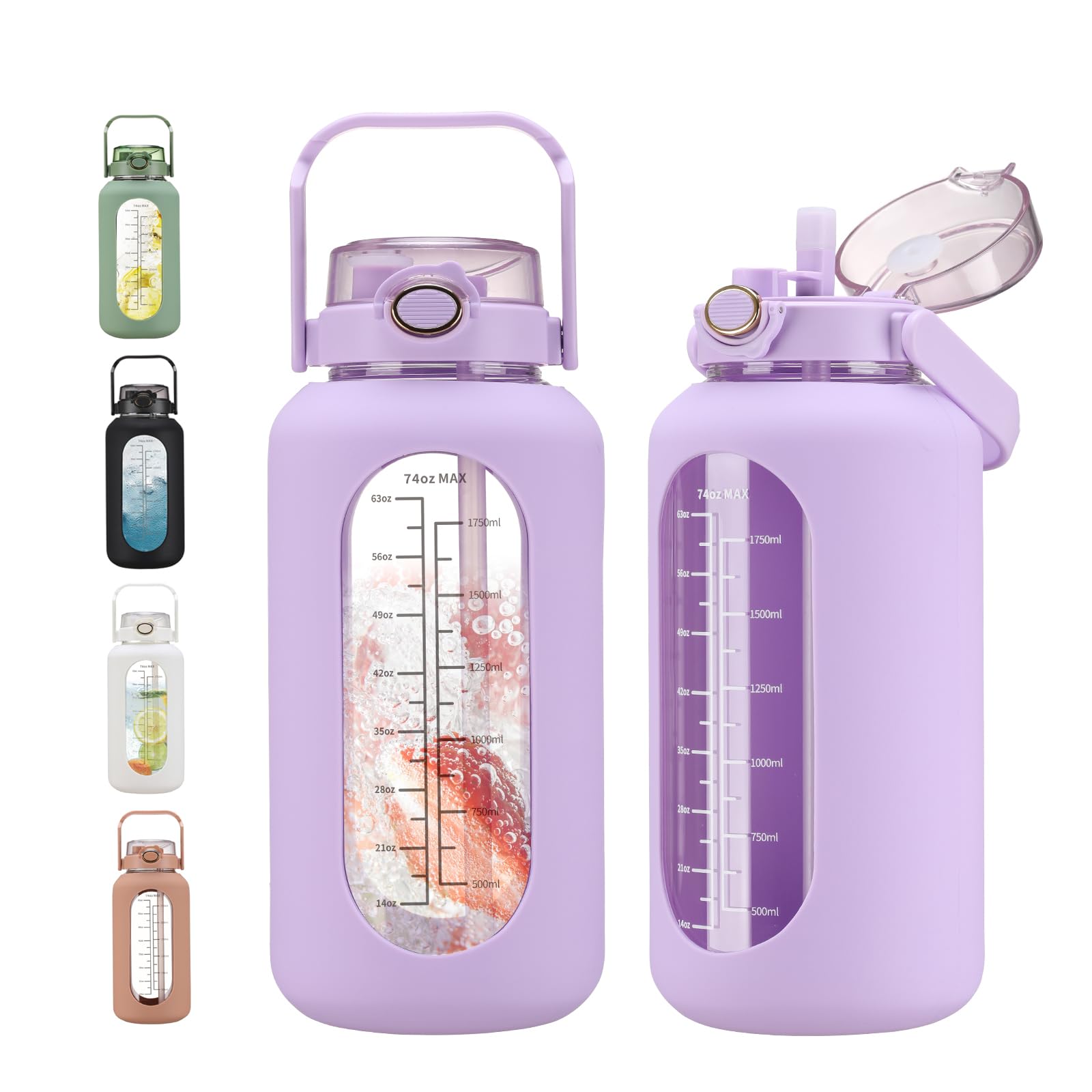chunmo Grande bouteille d'eau de motivation en verre avec marqueur de temps avec manchon en silicone et couvercle à poignée - 2,2 l - Pour le sport