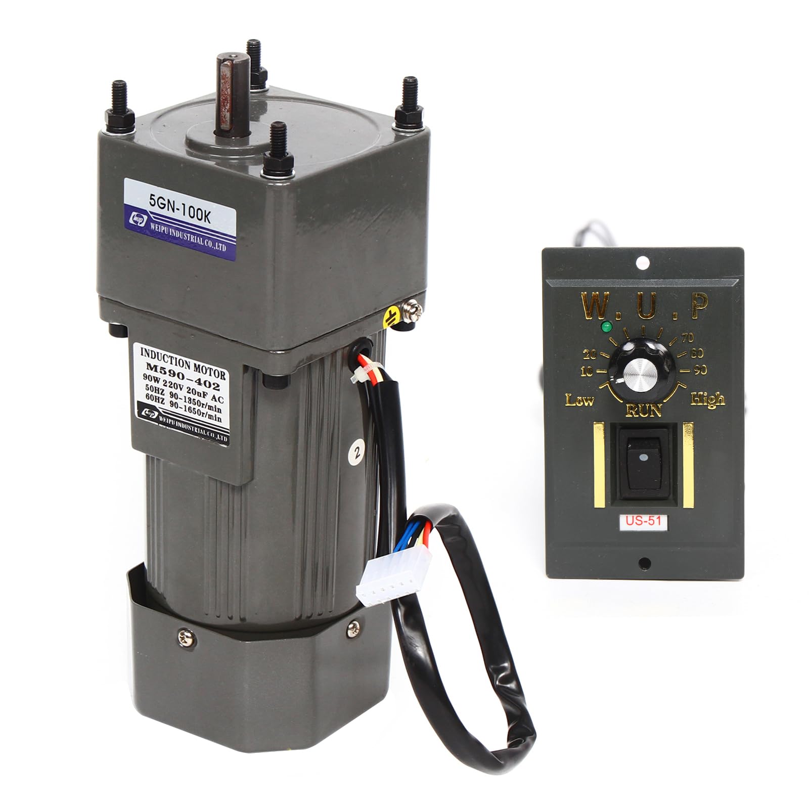Motorreductor de 220 V 90 W con regulador de velocidad, motor reductor de engranajes asíncrono monofásico, par 3,8 Nm reversible IP54, regulador 0-90 rpm para máquina herramienta transportadora