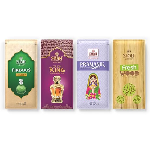 Shah Fragrances Premium Agarbatti Combo (4 Fragrances) | Oudh King, Firdaus, Fresh Wood, Pramanik | Ideal for Puja | Pure Fragrance | Meditation & Relaxation | Long-Lasting Incense Sticks