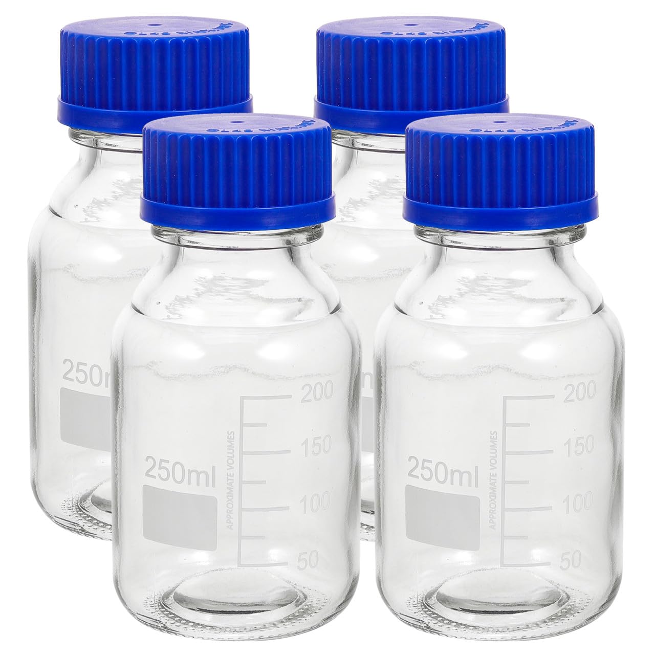 GALPADA 4 Pezzi Bottiglia di Reagente in Vetro Trasparente Graduata 250 Ml con Tappo a Vite Blu, Flaconi per Stoccaggio Sicuro Laboratorio e Uso Industriale