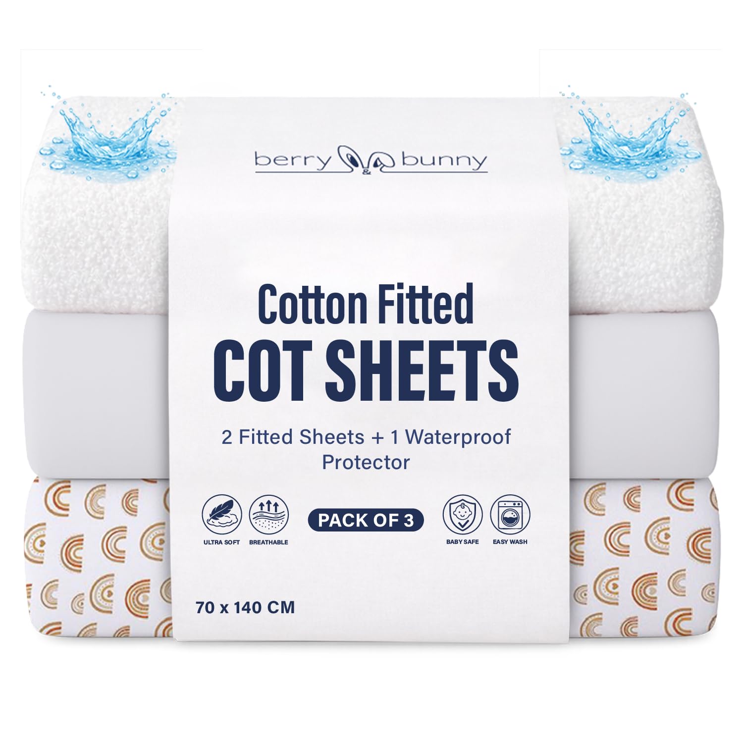 Berry & Bunny 3 Pack Cot Bed Sheets 140 x 70 cm – 100% Cotton 2 Fitted Sheets & 1 Waterproof Mattress Protector Cover – Soft Breathable Cot Sheets for Baby Mattress – White Rainbow