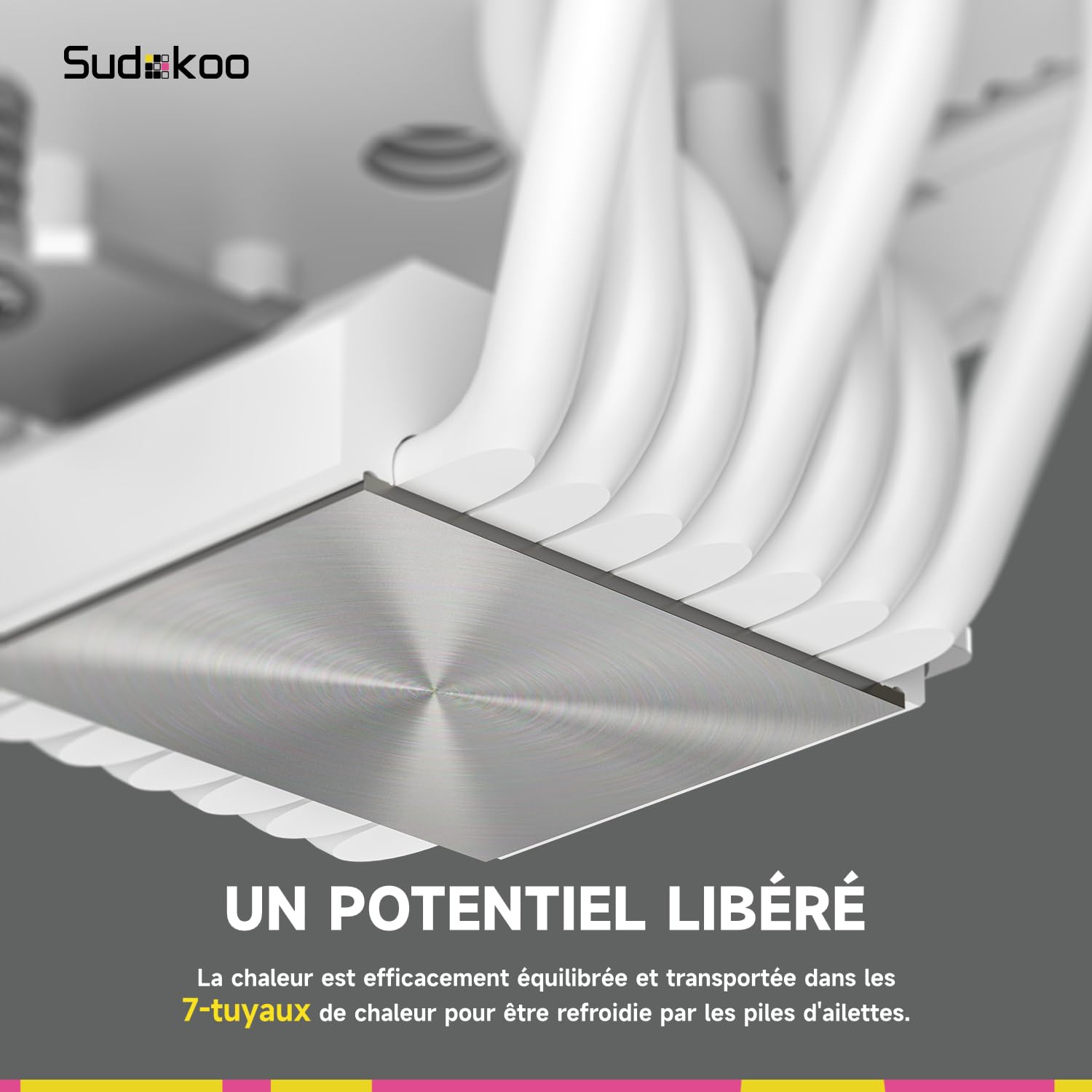 Sudokoo SK700 BLANC Ventirad AM5 Exclusif, 7 Caloducs Ventilateur de Processeur, Tour Unique, Ventilateur 120mm FDB PWM, Accès RAM Complet, Montage Facile, Garantie 5 Ans
