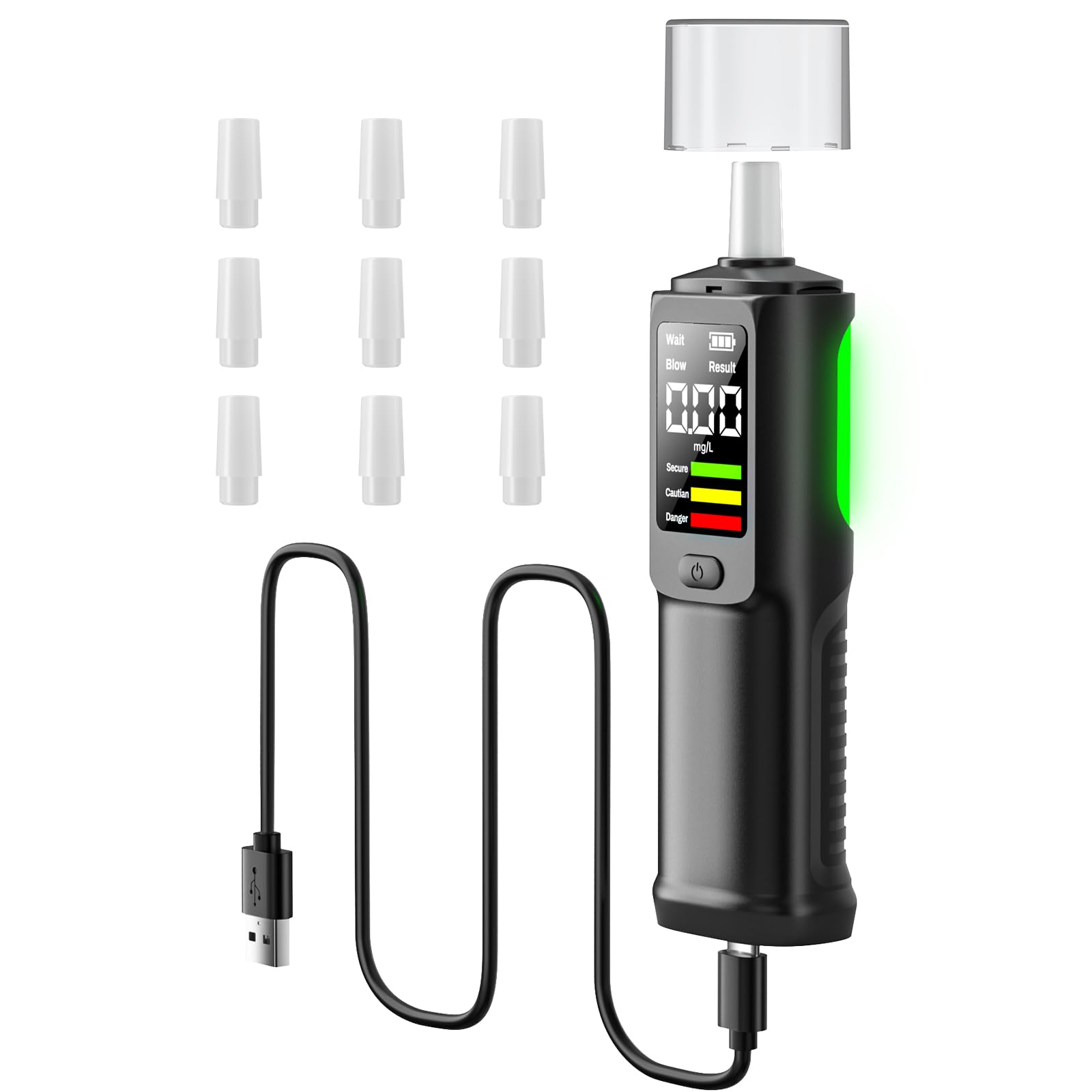 Éthylotest Électronique USB-C, Alcootest LCD | Test rapide, affichage BrAC mg/L, modes contact et sans contact, 10 embouts inclus, compact pour voiture et soirées.