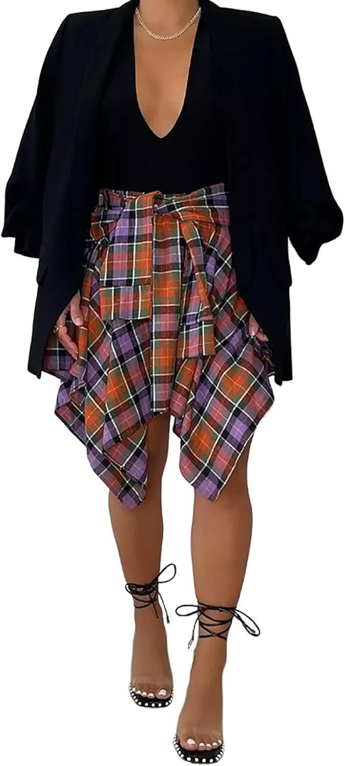 Women's Plaid Skirts High Waisted Knot Front Asymmetrical Hem Mini Skater Skirt - Image 4