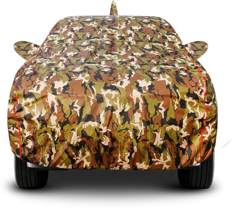 Image of Waterproof Car Cover for Maruti Wagon-R 2011-2017 Ultimate Protection-Mirror & Antenna, Soft Cotton Lining Inside, Triple Stitched,Full Bottom Elastic (Army Green with Red Piping)
