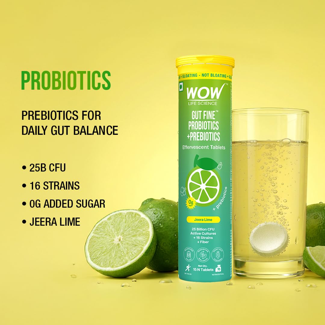 WOW Life Science Gut Fine Probiotics + Prebiotics Effervescent Tablets | Synbiotic Digestive Drink with 25 Billion CFU System, 16 Strains + Fiber | Zero Sugar Bloating Relief & Daily Gut Balance | Jeera Lime | 15 Tablets (Pack of 1)
