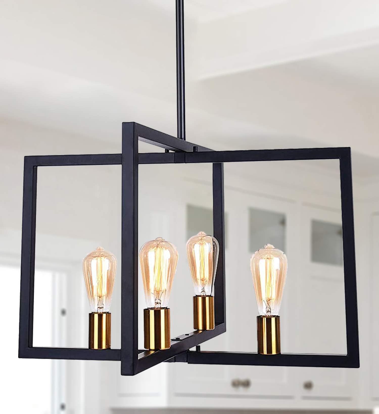 Lingkai 4-Light Kitchen Island Pendant Modern Chandelier Ceiling Lighting Fixture Industrial Matte Black with Antique Brass Finish