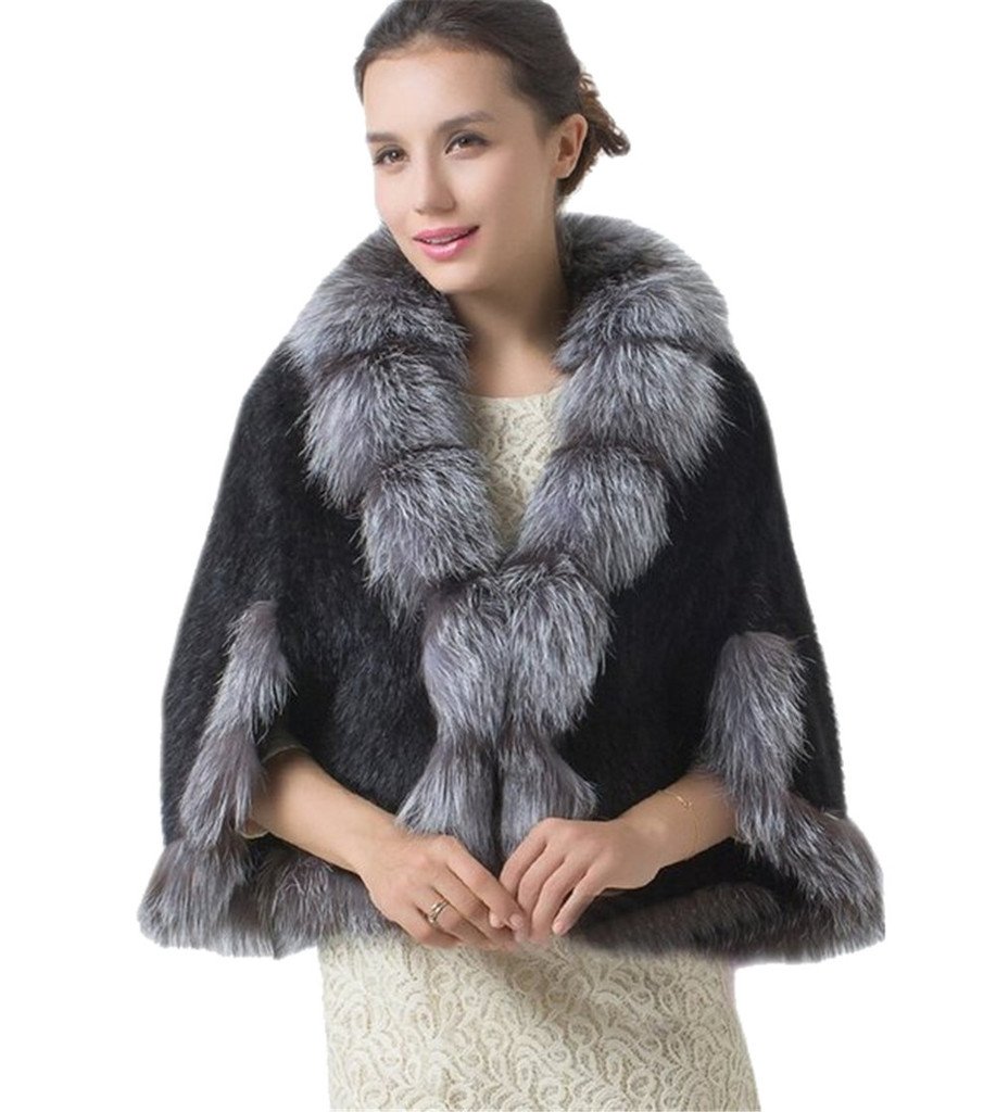 YR.Lover Women's Real Mink Fur Cape Shawl Stole Jacket&Fox Fur Collar Gray