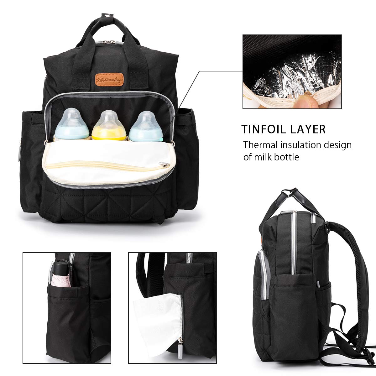 SONARIN Elegante impermeabile Zaino Fasciatoio Bambino per Pannolini,con fasciatoio,Cinturino per passeggino,Organizer per Zaino da Viaggio,Interfaccia USB,Grande Capacità(Nero)