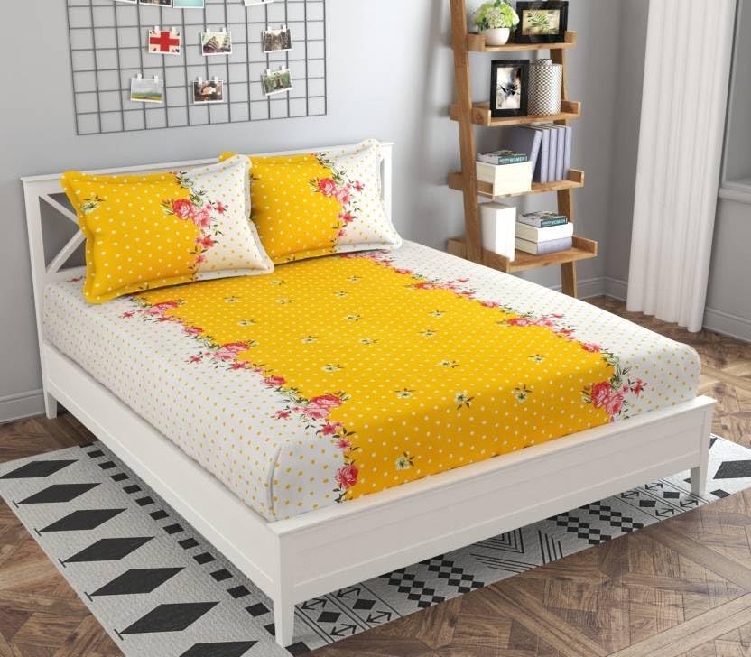 240 TC Microfiber King Floral Fitted (Elastic) Bedsheet (Pack of 1, Yellow FLR, White)