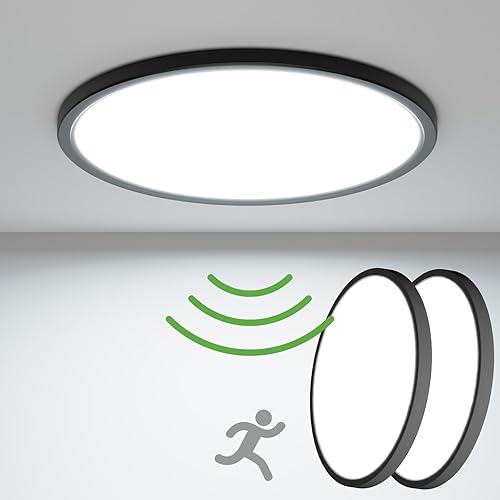 zemty 2Pack 9Inch Motion Sensor Ceiling Light Wired,19W 5000K Movement Detector LED Light Fixture Indoor, 1800LM Low Profile Sensor Light for Closet Basement Garage Pantry - Black