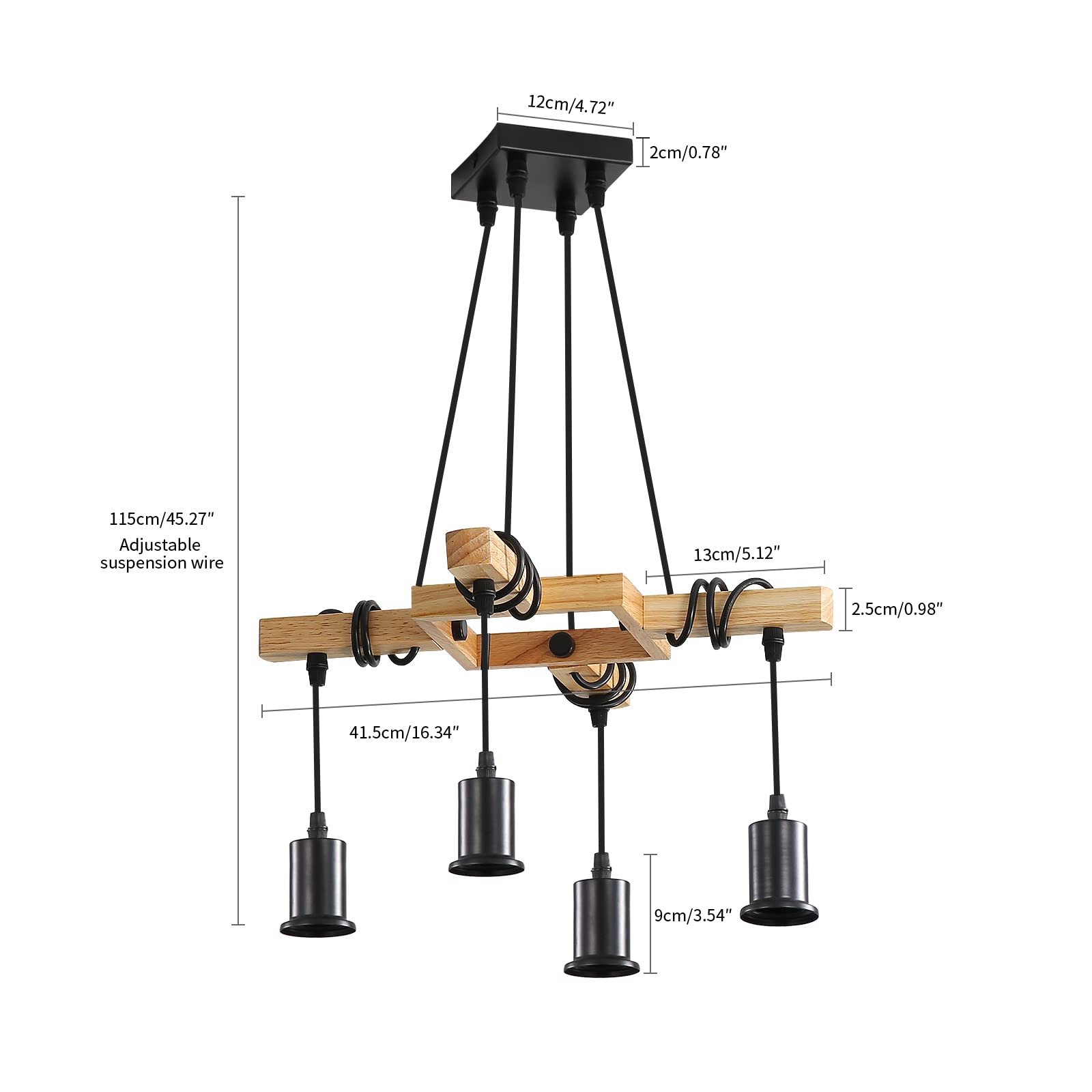 4 Luci Lampada a Sospensione, E27 Lampada a Soffitto in Metallo e Legno, Nero Vintage Lampadario a Sospensione E27 per Camera da Letto, Sala da Pranzo, Cucina, Soggiorno (Lampadine non Incluse)