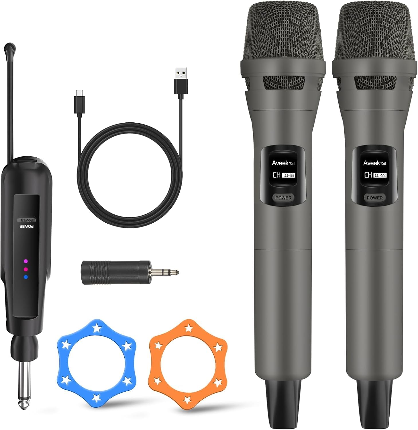 Aveek Kabelloses Karaoke Mikrofon Set, Professionelle Funkmikrofon Set 2.4G, Wiederaufladbar mit USB-C, 6,35mm/3,5mm Anschluss, Plug & Play für Lautsprecher, Party, Gesang, 30m Reichweite, 2er Set